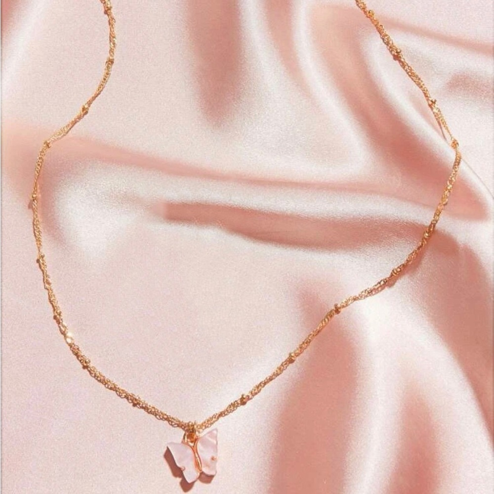 Pink Butterfly Gold Charm Necklace OS New - Picture 1 of 7